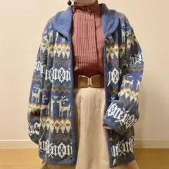 ヴィンテージ ウール混カーディガン トナカイ 幾何学模様 北欧 レトロ 日本製
