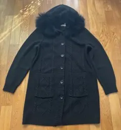 ★美品&激安ファーフードボタン付き黒ニットコート フリーサイズ★