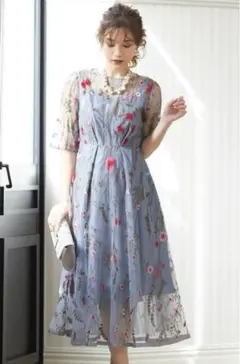 パーティードレス　dorry doll 花　刺繍　ブルー　グレー　膝下　レース