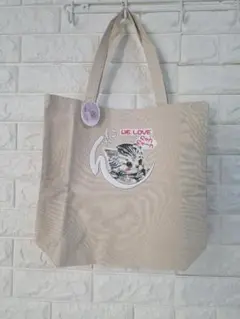 猫イラスト付きベージュトートバッグ
