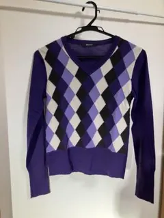 ダイヤモンド柄 紫色 長袖ニットセーター