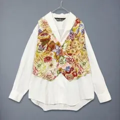 KANSAI Profumo シャツ 白 花柄 ベスト ドッキング 重ね着風のサムネイル