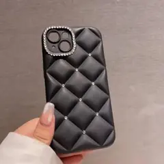iPhone16 キルティング ケース 黒 グリッド ダイヤ スマホ アイフォン