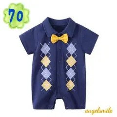 夏物入荷 70 半袖 ロンパース ダイヤ柄  紺色  蝶ネクタイ  お食い初め