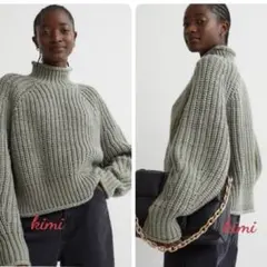 H&M オリーブグリーン タートルネックニット