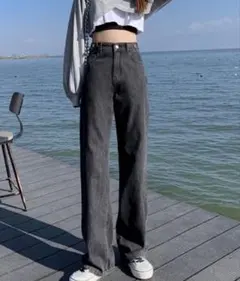 匿名配送★ストレートデニムパンツ ダークグレー 丈長め ウエスト調整ボタン付き