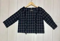 美品 CECIL McBEE チェック柄7分丈カットソー フリンジ F 綺麗め