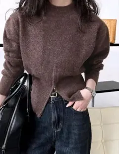 ブラウン ニットセーター ジッパー付き