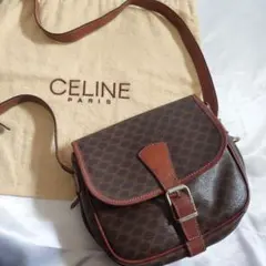 CELINE マカダム キャンバス レザー フラップ ショルダーバッグ 黒