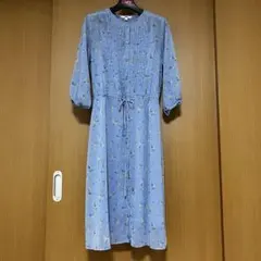 シフォンプリントワンピース（小花柄・7分袖・インナー付） 水色 ユニクロ