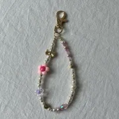 ハンドメイド ビーズストラップ キーホルダー フラワー×スマイル ストラップ