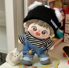 20cmくるみ着せ替え服セット 黒耳帽子 ストライプシャツ デニムオーバーオール