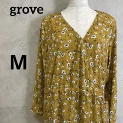 grove 花柄 ロング ワンピース マスタード M Vネック 長袖