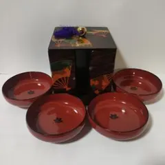 漆器セット 紅葉模様 小鉢4つ 扇子絵柄収納箱付き