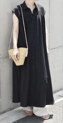 quaranciel フィブリルサテンフレンチスリーブシャツワンピース　ブラック