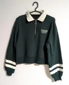 ダークグリーン 襟付ハーフジップ 薄手トレーナー Lサイズ ショート丈