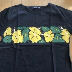 日本製　ハイビスカス　綿100% 花柄プリント Tシャツ　ブラック