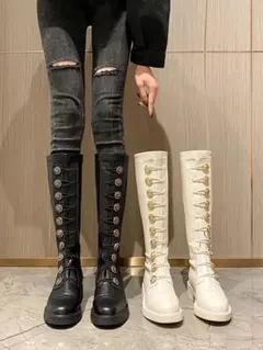 新品 レースアップ ロングブーツ ホワイト