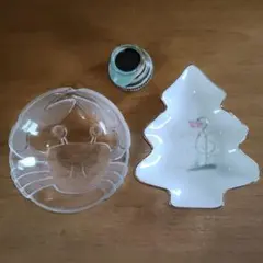 珍品3種　蟹模様ガラスプレート　クリスマスツリー型プレート　小鹿田焼爪楊枝入れ