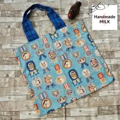 アニマル×ロゼット　トートバッグ　水色×青　エコバッグ　布バッグ　ハンドメイド