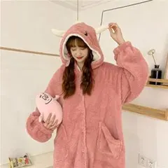 ルームウェア(M) パジャマ 恐竜 ロンパース 着ぐるみ ふわふわ ピンク