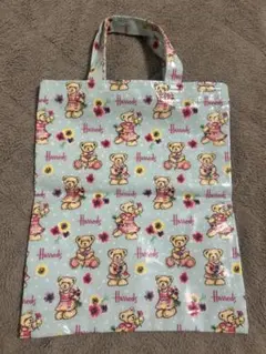 Harrods クマ柄トートバッグ 水色 花 ハンドバッグ ハロッズ ビニール