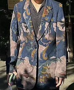 古着　総柄　ネイビー系　花柄テーラードジャケット