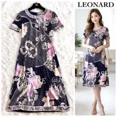 美品✨LEONARD レオナール ワンピース 花柄 コスメ柄 トリム 黒 - メルカリ