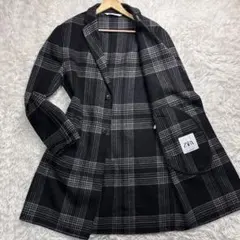 美品✨ザラ ロング チェスターコート ペンチェック XL ウール バイカラー 黒