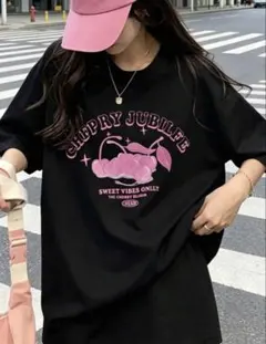 チェリープリント 半袖 Tシャツ ブラック ピンクのサムネイル