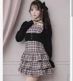 pium 半袖ビジューカーデ×チェックワンピセット ブラック×ベージュ