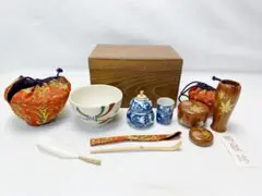 茶道具 女桑 利休茶箱 京焼 龍靖作 茶碗 桐蒔絵 棗など 七点 M R5783