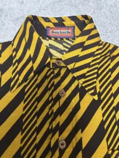 70s〜80s 総柄シャツ Ben karis イエロー×ブラウン幾何学柄 M