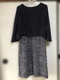 SHIPS ネイビー 長袖 フォーマル　ひざ丈　ツイード切り替えワンピース　36