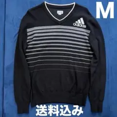 adidas ブラック ストライプ Vネックセーター　メンズ　ゴルフ　M 黒