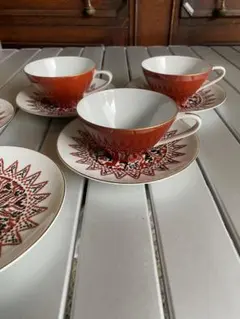 ノリタケ　ティーカップ&ソーサー　3客　オールドノリタケ　アンティーク　赤