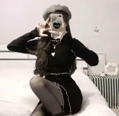 【SALE】ハート ニット ミニワンピース ブラック