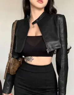 ブラックレザー クロップドジャケット Sサイズ