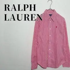 ラルフローレン　スリムフィット　長袖シャツ　ストライプ柄　ポニー刺繍　綿　赤×白