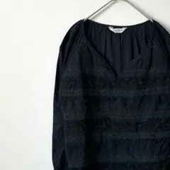 ESPRITMUR ブラウス Ｖネック レース ボーダー きれいめ 袖リボンのサムネイル