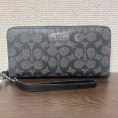 COACH 長財布　ブラック　ストラップ付き　シグネチャー　ラウンドファスナー