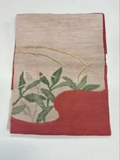 夏物　名古屋帯 赤とベージュ 植物デザイン