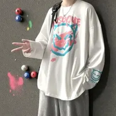 ロングTシャツ ホワイト 白 長袖 プリント グラフィック ユニセックス重ね着