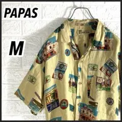 未使用品級】Papas パパス 半袖シャツ リネン 飛行機柄 アロハ