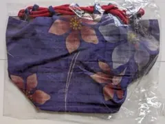 未使用品　和装　紫色花柄巾着袋 赤い紐付き