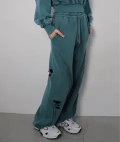 スウェットパンツ ジャージ ダメージスウェットパンツ レディース　グリーン