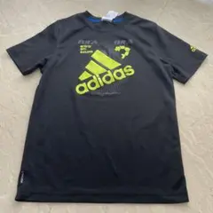 160cm adidas サッカーTシャツ 黒/蛍光イエローロゴ