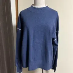 バイカラー クルーネックニット ブルー×ホワイト　グローバルワーク