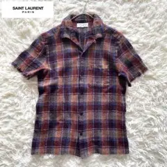 美品【サンローランパリ】20SS ウールシャツ　チェック　ロゴ刺繍　M