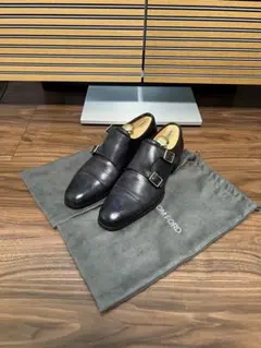 TOM FORD ダブルモンクストラップシューズ　ネイビーパティーヌ　7.5